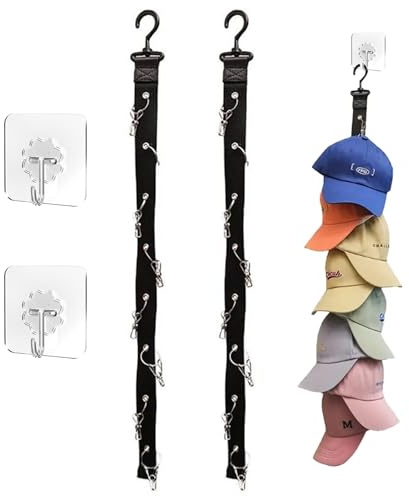KASESSS 2 Pieces Hat Storage, Practical Hat Rack, Baseball Cap Storage with 16 Stainless Steel Clips, Hanging Hat Organiser with 2 Self Adhesive Hooks, Hat Hanger for Ball Hats, Golf Caps, Sports Caps