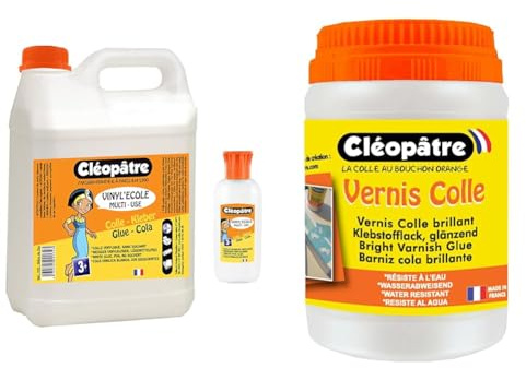 Cléopâtre - Colle blanche vinylique au format de 2 kg + 1 flacon de 100gr rechargeable & CLEOPATRE- Vernis Colle Transparent brillant, séchage rapide- Sans solvant - Pot de 250 g