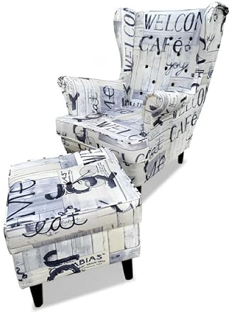 SILKMARKS® Premium Ohrensessel mit Hocker und Typografie-Muster - Einzigartiges Design trifft auf höchsten Komfort - Ideal für Wohnzimmer & Lounges