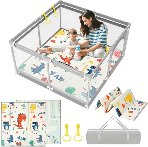 PERSEVERANCE Baby lekhage med lekmatta,120x120cm Baby lekhage,Bärbar lekplats med säkerhetsstängsel Lämplig för inomhus- och utomhusaktivitetscenter för barn