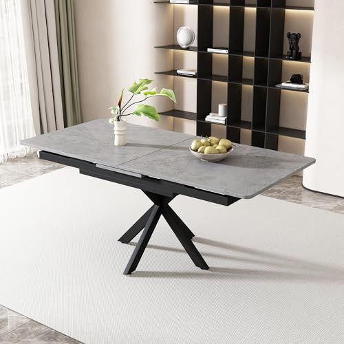 Moderner Esstisch Küchentisch Ausziehbar mit Zementmuster MDF Desktop und Metallbeine, Rechteckiger Großer Tisch Esszimmertisch Holztisch Speisetisch Für 4-6 Personen, 150-180 × 70 × 76cm (Grau)