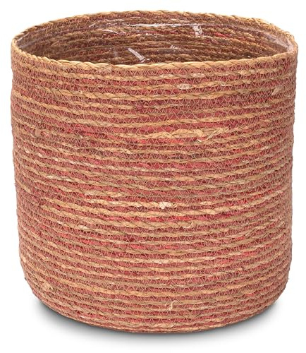 Decorasian Seegras Blumentopf – Übertopf geflochten – dekorativer Planzenkorb mit Folieneinsatz im Boho Stil - Natur/pink, 27cm