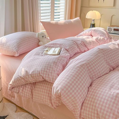 Nyescasa Housse de Couette 200x200 Rose et Blanc à Carreaux Vichy Moderne | Parure de lit Adulte 2 Personnes, en Microfibre, Sets de Housses de Couettes, Fermeture Éclair, 2 Taies d'oreiller 65x65 cm