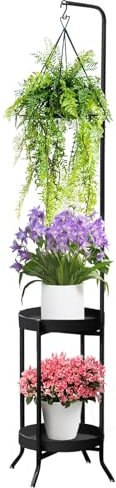 RINBOU Hanging Plant Stand Indoor Outdoor, Space-Saving Corner Metal Plant Shelf 3 Potted Flower Pot Stand, 2 Tier 61 Tall Modern Planter Holder for Patio Garden Balcony Living Room Bedroom, Black