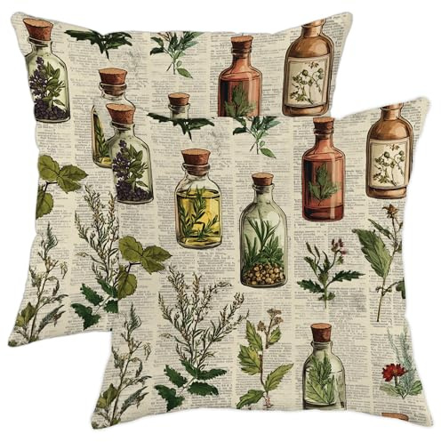 Herbal Pillow Covers Set of 2, Green Botanical Vintage Plant Throw Pillows Case, Nature Decorative Square Farmhouse Decor Cushion Covers for Home Sofa Bed Couch 16x16 Inch