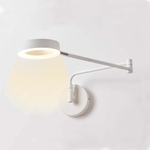 LOGT LED Wandlampe Verstellbar Langer Arm Wandleuchte Weiß Nachttischlampe Innen Ring Wandstrahler Drehbare Flexarm Wand Leselampen Modern Acrylschirm Wandbeleuchtung Dimmbar 3 Lichtfarbe
