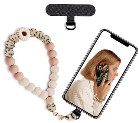 Lostars Silikonperlen-Handykette Kurz, Handyanhänger mit Handy Lanyard Pads, Elastische Handy Kette für freihändigen Gebrauch, für die Meisten Smartphones (Khaki Daisy)