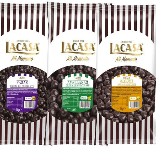 Lacasa Pack 3kg de bolas: Pasas de Corinto con chocolate Negro,Avellana con chocolate Negro, de naranja con chocolate Negro