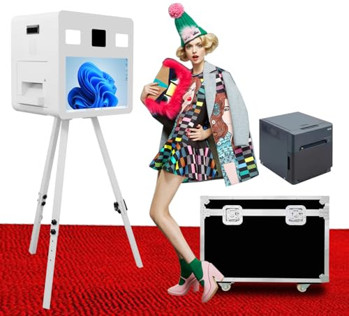 tragbares Stativ DSLR Foto Booth mit 21,5 Touchscreen DSLR Photobooth Maschine mit Flight Case, für Veranstaltungen Parteien Hochzeitsverleih (White, Photo Booth+DNP Printer)