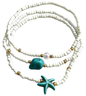 Dishowme turkos sjöstjärna fotlänk armband 3 st böhmiska pärlor fotkedja elastisk sommar strand barfota sandal smycken för kvinnor, Einheitsgröße, Metall, Ingen ädelsten