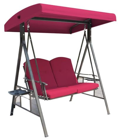 2-Sitzer-hollywoodschaukel, Hollywoodschaukel Wetterfest mit Verstellbarem Baldachin, Verstellbarer Rückenlehne, Robustem Metallrahmen und Weichem Kissen(Red)