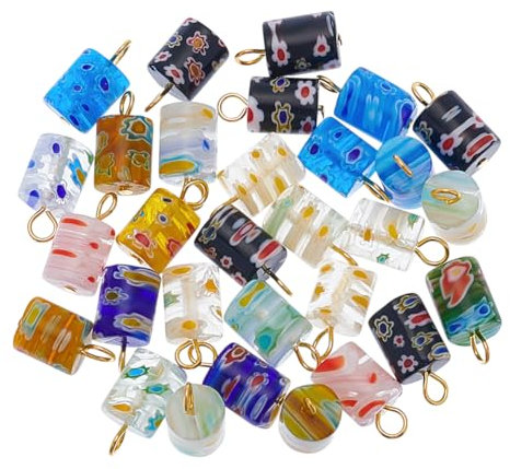 PH PandaHall 30pcs Cylindrical Lampwork Charms Pendant with Flower, 19mm Colourful Column Lampwork Dangle Charms with Loop for Earring Bracelet Neclace Jewellery Making DIY Crafts