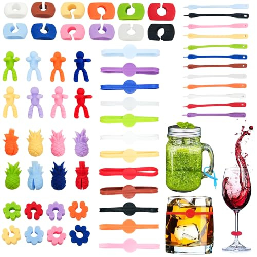huoflame Glasmarkierer 60 Stück - Bunte Silikon Glasmarker für Weinglas, Cocktailglas, Trinkglas - Wiederverwendbare Glas Markierung für Party, Hochzeit, Bar, Familienfeier, Martini Gläser
