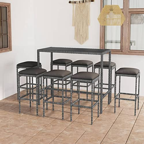 Xichuzi 9-TLG. Gartenbar-Set mit Kissen, Gartenset Tisch Und Stühle, Balkon Möbel Für Kleinen Balkon, Balkonset, Terrassenmöbel, Balkonmöbel, Möbelsets, Poly Rattan Grau