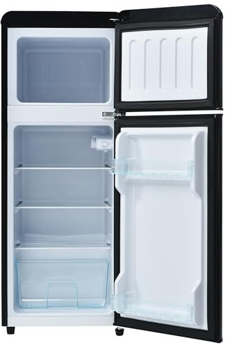 WEALTHKING Réfrigérateur combiné rétro 2 portes avec compartiment congélateur indépendant, température réglable 7 niveaux, étagères intérieures ajustables, éclairage LED, pieds stabilisateurs (Noir)