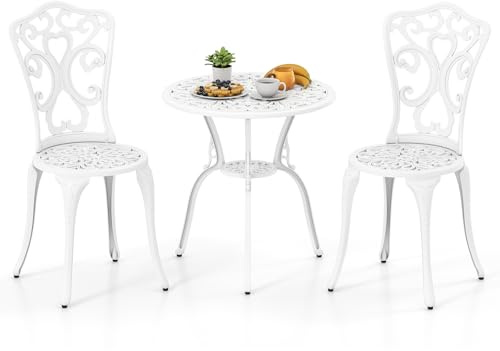 GIANTEX Juego de Mesa y Sillas para Jardín, Superficie de Aluminio Fundido, Mesa de Café con Agujero de Sombrilla, 2 Sillas con Respaldo, Estilo Retro, Conjunto de Bistró para Balcón, Patio (Blanco)