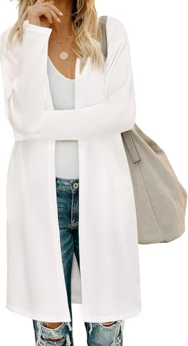 Fisoew Cardigan da Donna con Apertura Frontale Manica Lunga Maglione Leggero con Tasche, bianco, L