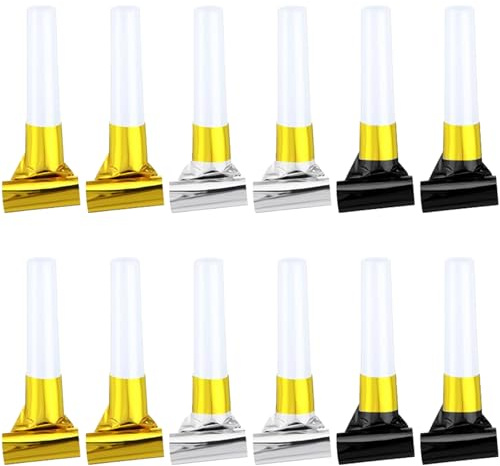 ywmigl 12 pz Capodanno Noisemakers Bomboniera Oro Argento Nero Soffiatore Corni Fischietti 2026 Felice Anno Nuovo Forniture per Feste per Eventi Sportivi Celebrazione di Compleanno