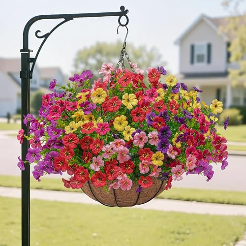 Artificial Faux Hanging Plants Flowers Basket for Outdoors Spring Summer Decoration,Hanging Planters with Fake Silk Flowers UV Resistant Realistic for Outside Porch Patio Balcony Garden （6 Multicolor）