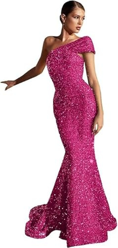 Vestidos de Fiesta con Lentejuelas Vestido de Gala sin Mangas Estilo Sirena Vestidos Largos de Gala con un Solo Hombro Fucsia 5XL