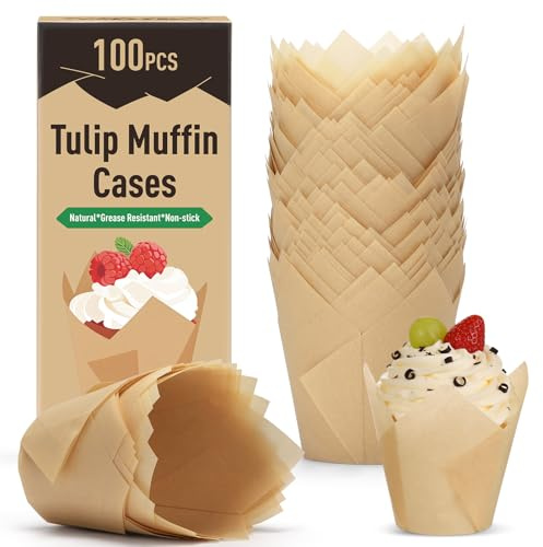 Alyvisun 100 Tulpanformar av Fettavvisande Papper, Muffinsformar och Cupcake Formar, Non-Stick Bakformar för Hemmabakning Fester och Bagerier | Muffinsformar papper för cupcakes och muffins, icke-självhäftande bakformar för hemmafester och bagerier