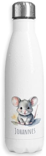 Thermosflasche personalisiert mit Namen | Süße graue Maus, lachend | 500 ml | auslaufsichere Edelstahl Trinkflasche Wasserflasche für Kinder Mädchen Jungen