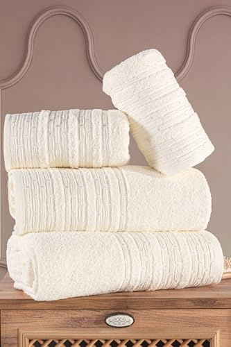 Bath Towel Set 4 Piece Cotton Pearl Boxed Hamam Towel Set 70x140cm Absorbent Quick Dry Spa Quality Gift Set Ecru - Ecru, One Size