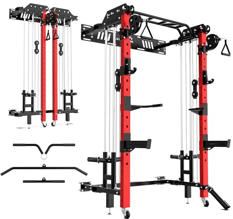 Power Cage, Folding Power Rack, 2000LBS Wall Mounted Squat Rack with Cable Pulley System, Landmine Attachment and Multi-Grip for Home Gym Small Space