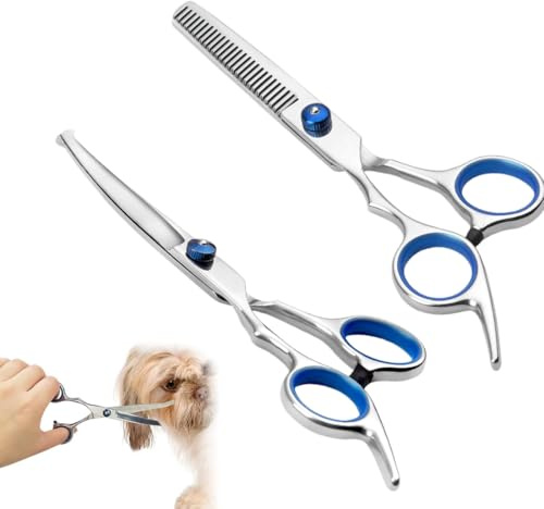CATZUM Tijeras Peluquería Mascotas Set 2 | Curvas y Entresacar, Acero Inox, Puntas Seguridad, Mangos Ergonómicos Azules para Corte Pro en Casa