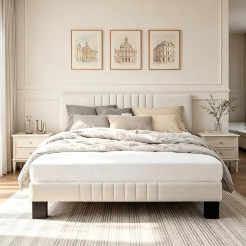 Lit Double Rembourré 140x190 cm, Cadre de Lit avec Tête de Lit Réglable, Support à Lattes en Bois Solide, Cadre en Métal Robuste, Facile à Assembler, Structure Silencieuse, Antidérapant, sans Matelas