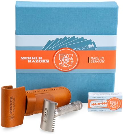 MERKUR Edelstahl Rasierhobel Set 11 INOX | Sonderedition 1896 | inkl premium Rasierhobel, Lederetui und 10x Platinum Klinge | Seidenmatt | Offener Kamm | Ideal für Nassrasur | Made in Germany