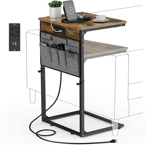 Vagusicc C-Shaped Side Table with Charging Station, Height Adjustable Sofa Side Table, Bedside Table, End Table for Small Spaces, Coffee Table with Metal Frame for Living Room, Bedroom, Rustic Brown