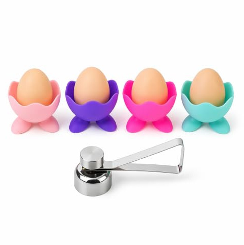 Merzio Egg Cups 4 with Egg Cracker, Colourful Boiled Egg Holder Set, Novelty Egg Topper for Boiled Eggs, Double Egg Cup for Breakfast Table (Pink, Purple, Rose Red, Olive Green)
