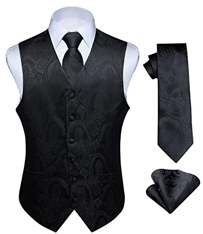 HISDERN Herren FLoral Hochzeit Weste Krawatte Einstecktuch Taschentuch Jacquard Weste Anzug Set