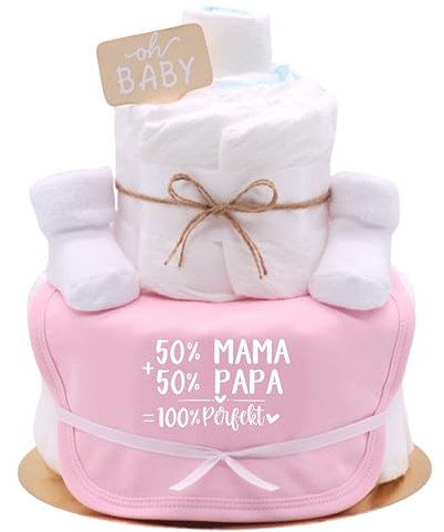 Trend Mama Windeltorte Mädchen mit Spruch | 50% Mama 50% Papa 100% Perfekt | 27 Windeln (Gr.2) Babylätzchen, Babysocken | Babygeschenk zur Geburt
