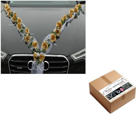 Rosen Girlande Braut Paar Rose Deko Dekoration Autoschmuck Hochzeit Car Auto Wedding ®Auto-schmuck Deko PKW (Gold/Weiß)