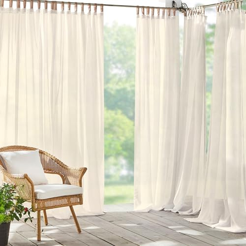 Elrene Solid Sheer Indoor/Outdoor Adhesive Loop Fastener Tab Top Window Curtain Panel for Patio, Pergola, Porch, Deck, Lanai, and Cabana, Polyester, Ivory, 52 W x 108 L (Pack of 1)