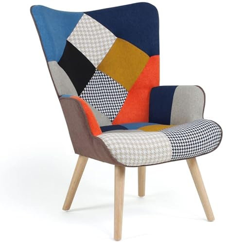 IDMarket - Poltrona scandinava Ivar in Tessuto Patchwork Multicolore e stampa Piedino di Gallina