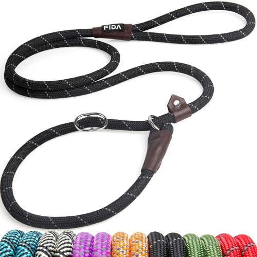 Fida Slip Rope Dog Lead | 1.8m, One-Size-Fits-All, Slip-On Rope Leash. Easy to Slip On, No Collar or Harness Needed. Durable & Weather Resistant Climbers Rope with Reflective Stitching (Black)
