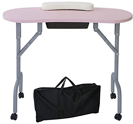 AGESISI Portable Manicure Table Foldable Nail Desk with Large Drawer Nail Tech Table for Technician Salon Workstation Client Wrist Cushion/Carry Bag/4 Lockable Wheels, 36-inch, Pink
