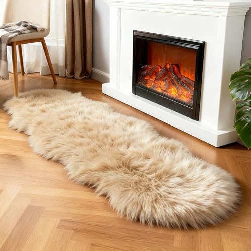linmopm Faux Fur Rug Sheepskin Shag Fluffy Fuzzy Beige 2x6 ft Runner Rugs for Bedroom Bedside Bed Floor Living Room Plush High-Density Cushion Carpet Super Sofa Cover