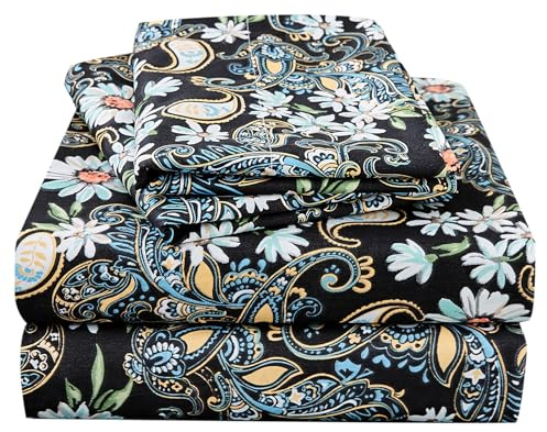 JSD Queen Paisley Floral Print Sheet Set 4 Piece Black Pattern Soft Microfiber Bedding Sheets 15 Extra Deep Pocket