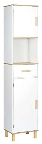 EUGAD Armoire Salle de Bain Haute sur Pied, Meuble de Rangement Colonne, Placard Blanc avec 4 Compartiments derrière 2 Portes, 1 Compartiment Ouvert et 1 Tiroir, MDF, 39x30x179cm