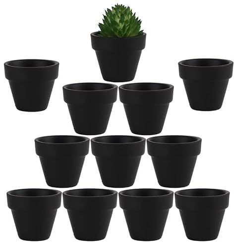 Yishang Lot de 12 Petits Pots en Terre Cuite Noire de 4,8 cm avec Trous de Drainage pour Petits Cactus, Herbes, Plantes succulentes, travaux manuels
