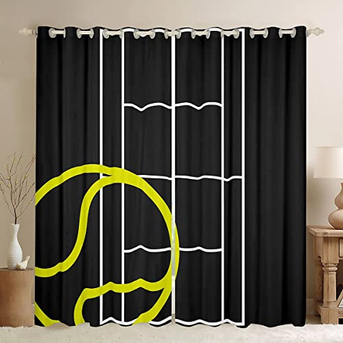 Tennis Court Print Blackout Curtain,Boys Ball Sports Games Themed Kitchen Window Treatments,Yellow Tennis Racket Sporting Equipment Window Drapes for Home Decor,2 Panels,66Wx72L inch