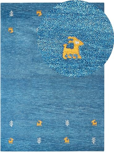 Beliani Gabbeh Teppich Wolle Blau Western Tiermotiv Handgetuftet 160 x 230 cm Calti