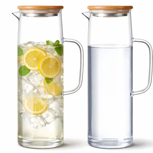 Hsei 2 Sets Glass Pitcher with Lid, 50 oz / 1500 ml Water Carafe with Handles Hot Cold Beverage Water Jar Glass Jug for Tea Juice Milk Coffee Iced Beverage