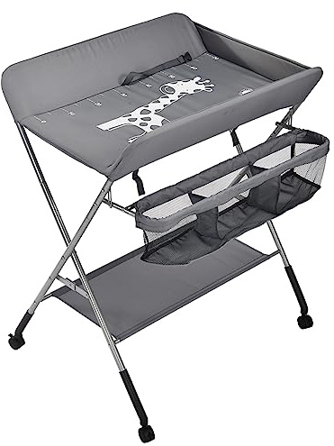 Homewell Baby Wickelkombi Wickelkommode, Mobile Wickeltisch Klappbar, mit Wickelauflage, Sicherheitsgurt, Ablagefächern, süßem Muster und Höhenangabe, Stabil und Bequem (Grau-Tief)