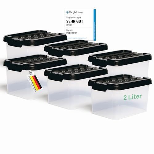 Novaliv 6x Aufbewahrungsboxen mit Deckel klein 2 L Anthrazit Nestbar stapelbare Plastikboxen mit Clipverschluss Kunststoff BPA-frei 19 x 14 x 11 cm