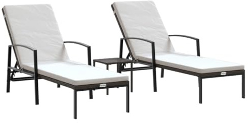 vidaXL Sonnenliege 2 STK., Liege für Pool Balkon Garten, Gartenliege mit Stahlrahmen, Liegestuhl Sonnenbett, mit Tisch Poly Rattan Braun